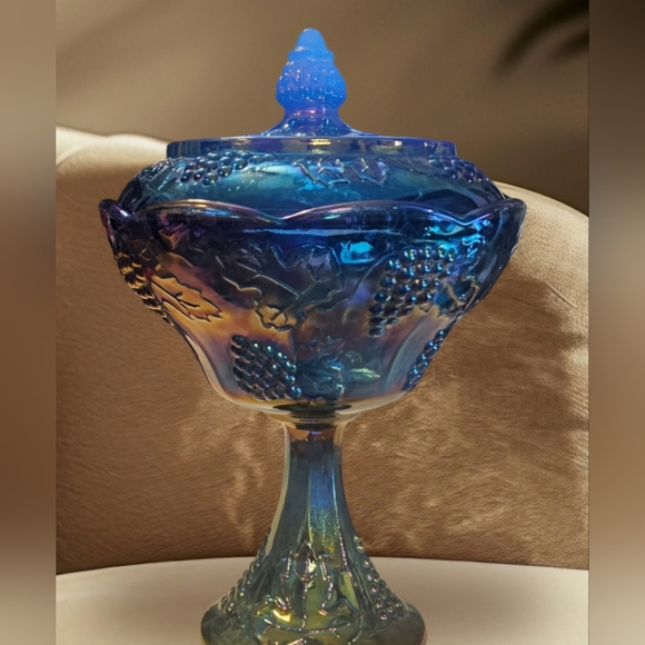 Indiana Glass Other - Indiana CoCarnival Glass Compote/Candy Dish Perfect Cond Harvest Grape Iridecent